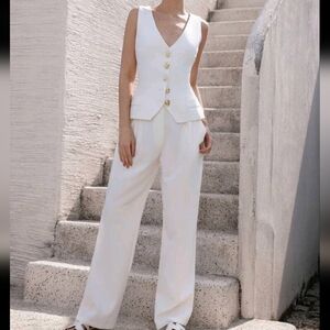 White Elegant Design V-Neck Single-Breasted Vest + Pants Women Suit Set